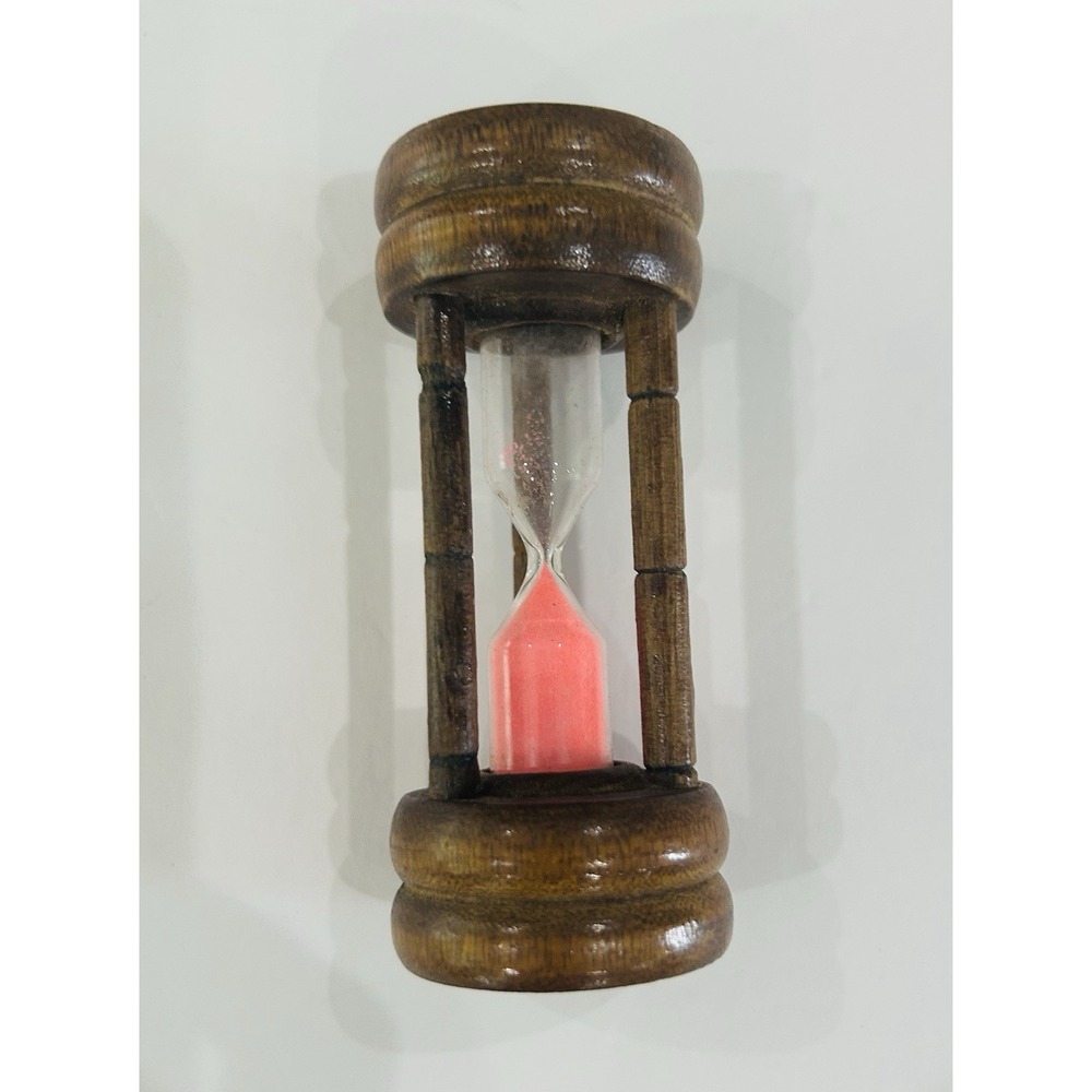 Vintage Small Mini 4" Wooden Hourglass Egg Timer Pink Sand Clock Working MCM